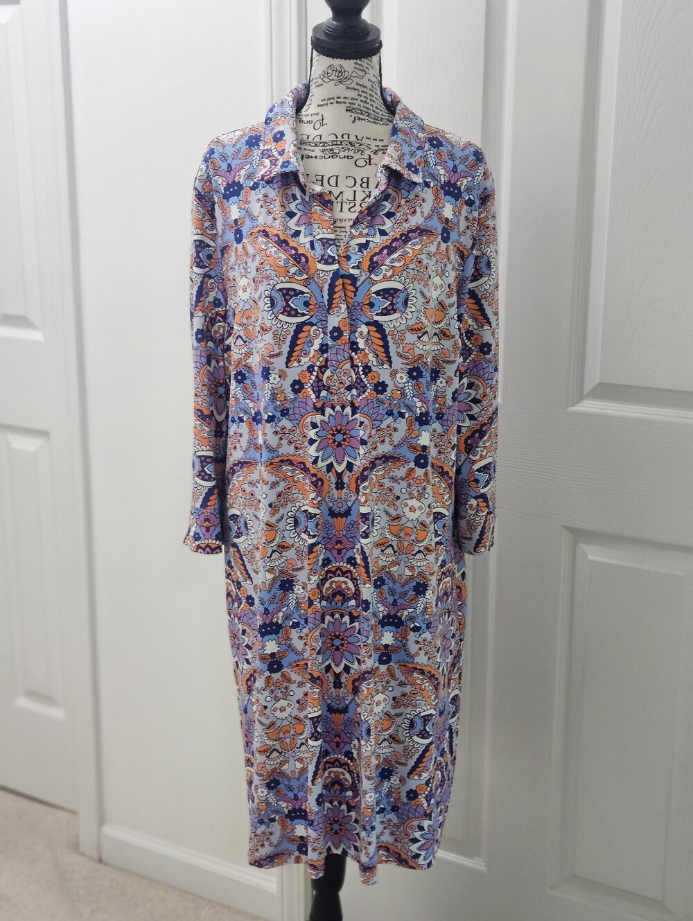 Talbots Blue Floral Print Dress with Orange and White Accents